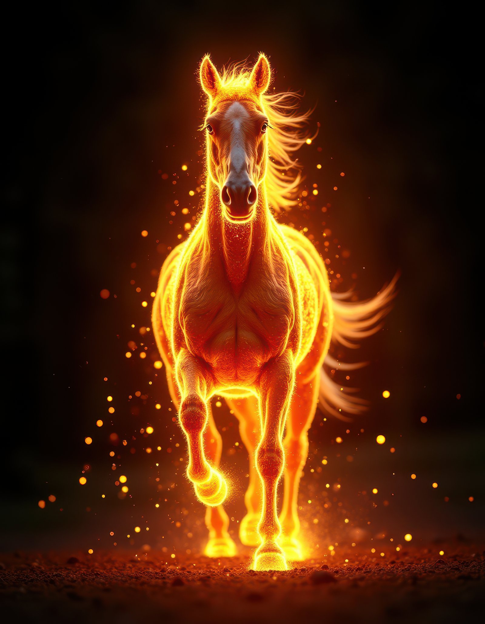 A fiery horse gallops towards the viewer, its mane and tail ablaze with light
